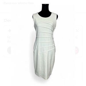 CALVIN KLEIN White Sleeveless Midi Dress 4P, With Ruched Front Design Round Neck